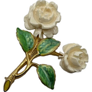Signed Joan RIVERS White ROSE BROOCH Carved Hard to Find Flower Costume Jewelry